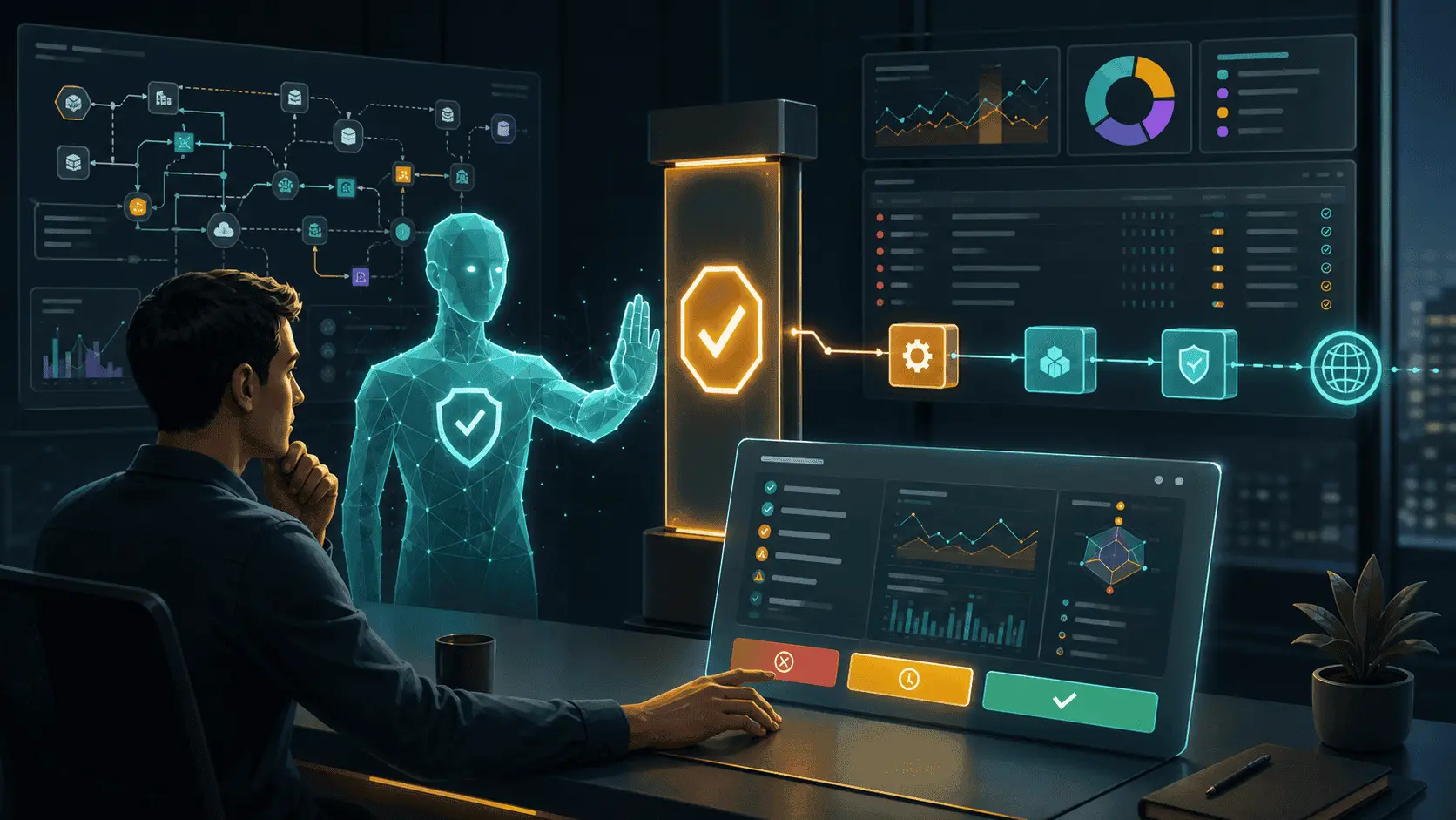 Vedin-themed illustration of a governed AI teammate stopping at an approval gate while a human reviews evidence before a risky production action.