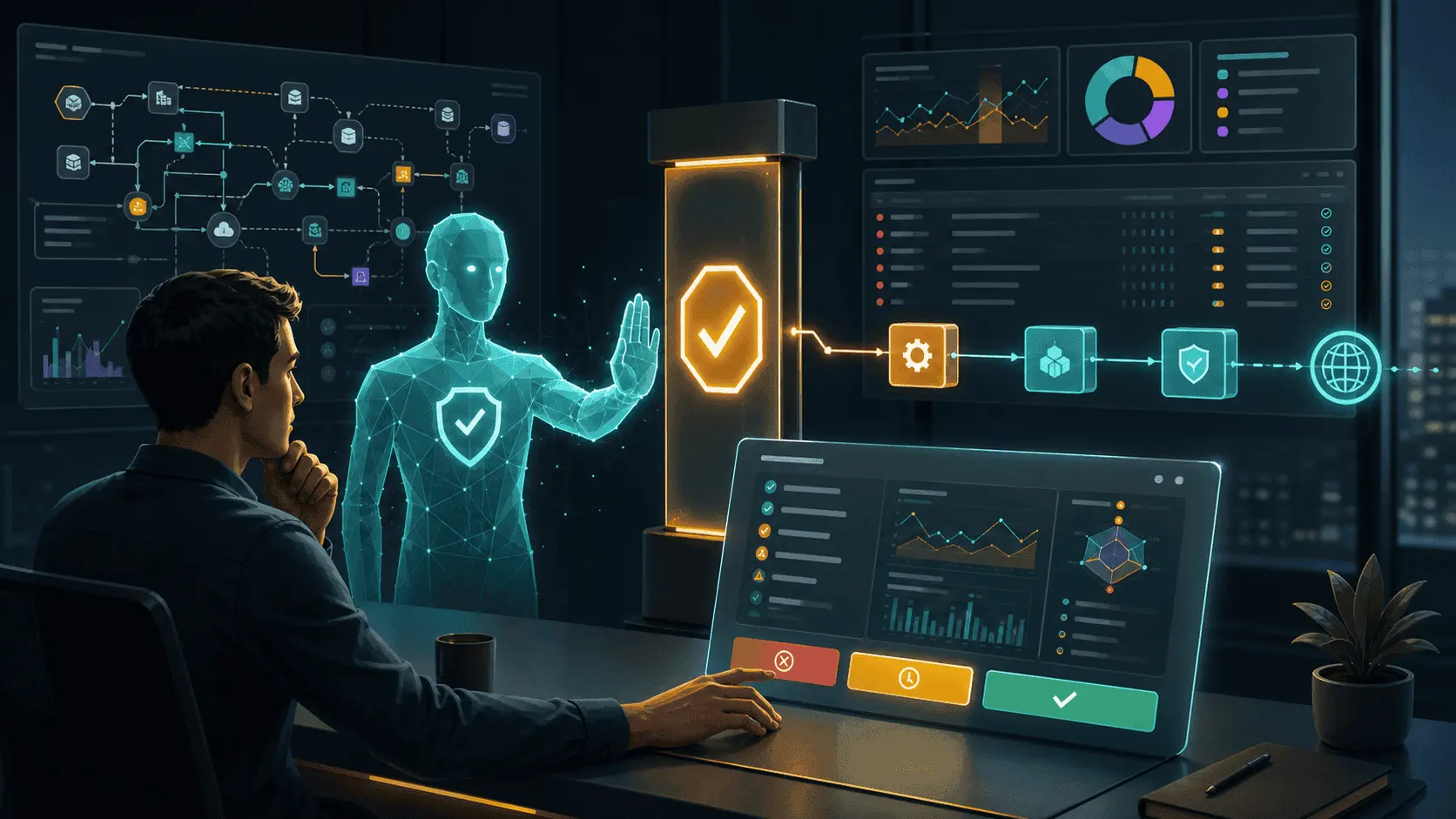 Vedin-themed illustration of a governed AI teammate stopping at an approval gate while a human reviews evidence before a risky production action.