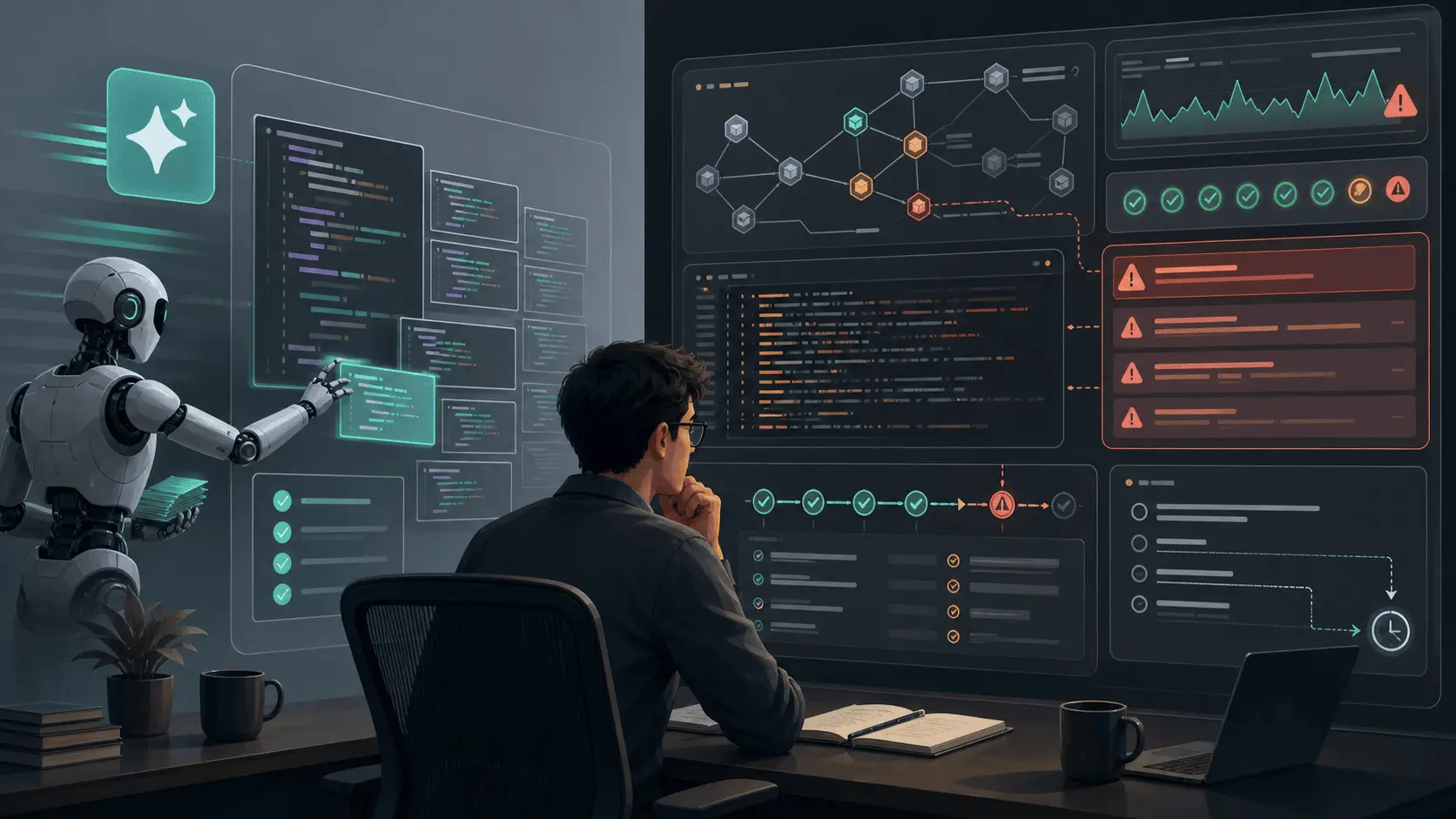 Vedin-themed illustration of an engineer surrounded by generated code while debugging, deployment, and production explanation tasks pile up.