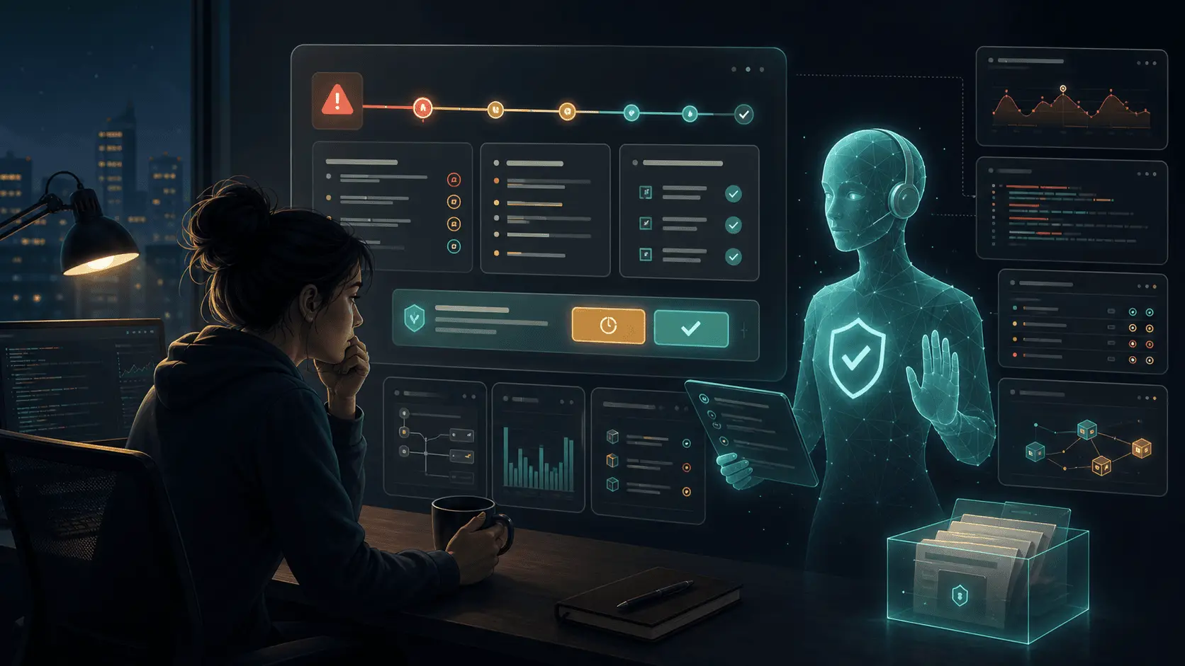 Vedin-themed illustration of an SRE reviewing a concise approval-ready incident summary while an AI teammate gathers logs, metrics, deploys, and runbooks.